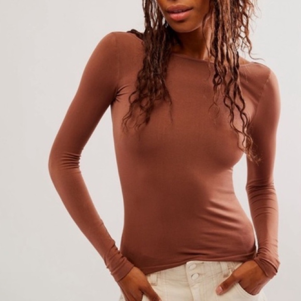 Free People Intimately Low-Back Seamless Long Sleeve Chocolate NWOT size XS/S